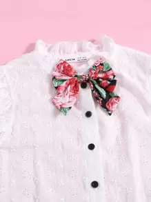 SHEIN 女孩褶邊蝴蝶結細節網眼刺繡上衣和印花網紗傘狀半身裙套裝 - 彩色 - 查看 4