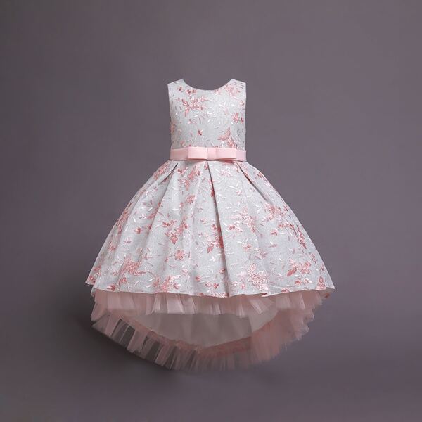 

Girls Floral Embroidery High Low Hem Bow Back Gown Dress, Multicolor
