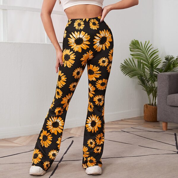 

Allover Floral Print Elastic Waist Flare Leg Pants, Multicolor