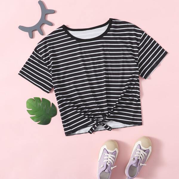

Girls Striped Print Knot Hem Tee, Black