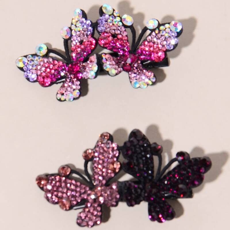 

2pcs Rhinestone Butterfly Hair Clip, Multicolor