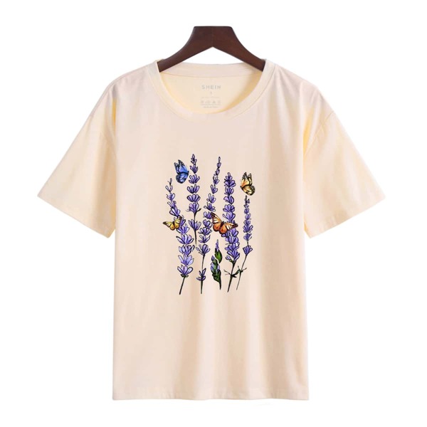 

Floral And Butterfly Print Tee, Apricot