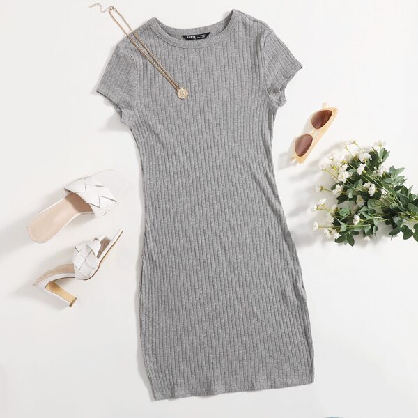 

Solid Rib-knit Dress, Light grey
