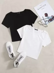 SHEIN EZwear 2 Packs Women Solid Color Round Neck Short Sleeve Crop Top - Black and White - View 1