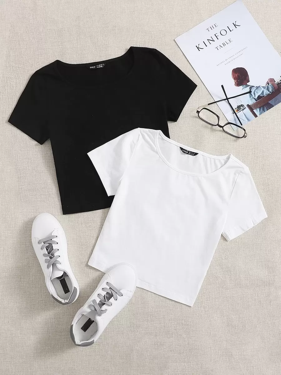 SHEIN EZwear 2 Packs Women Solid Color Round Neck Short Sleeve Crop Top - Black and White - View 1
