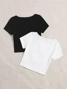 SHEIN EZwear 2 Packs Women Solid Color Round Neck Short Sleeve Crop Top - Black and White - View 2