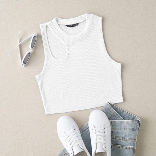

Rib-knit Cut Out Tank Top, White