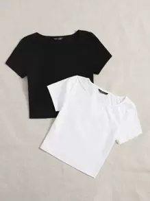 SHEIN EZwear 2 Packs Women Solid Color Round Neck Short Sleeve Crop Top - Black and White - View 5