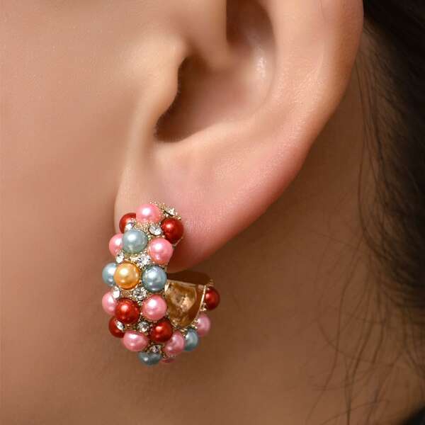 

Bead & Rhinestone Decor Open Hoop Earrings, Multicolor