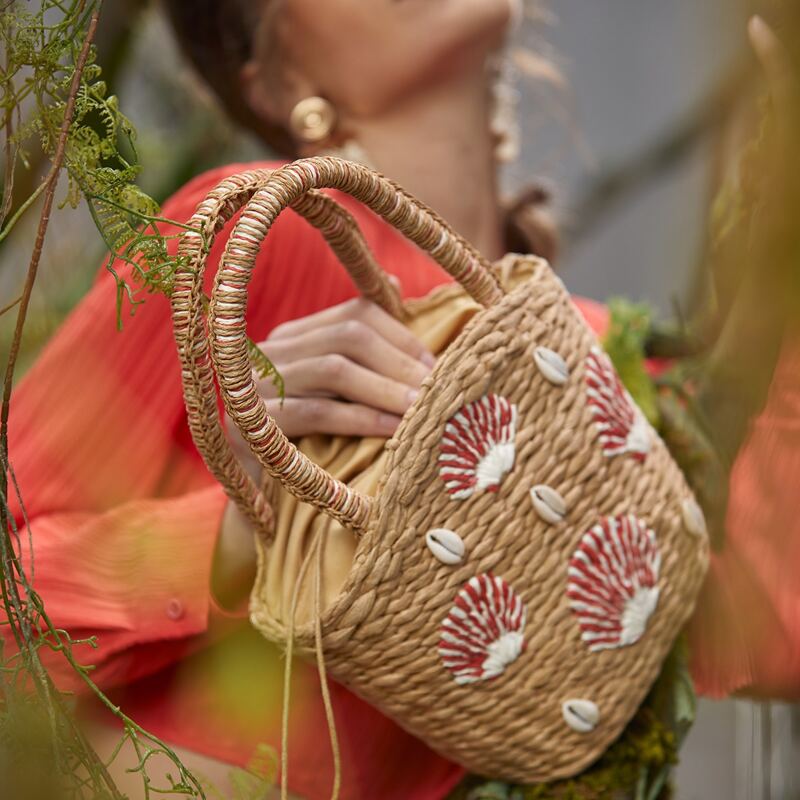 

Shell Decor Tassel Charm Woven Bucket Bag, Apricot