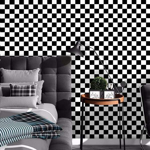 

1pc Plaid Pattern Wall Paper, Black and white
