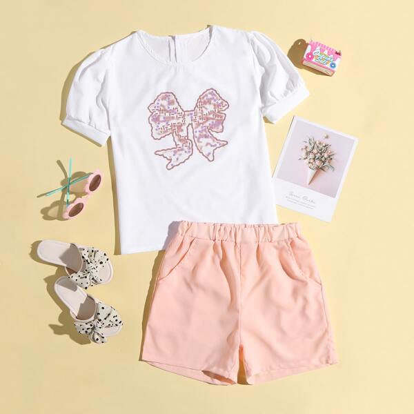 

Girls Bow Print Button Back Top & Shorts, White