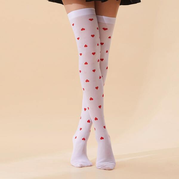

Heart Pattern Over The Knee Socks, White