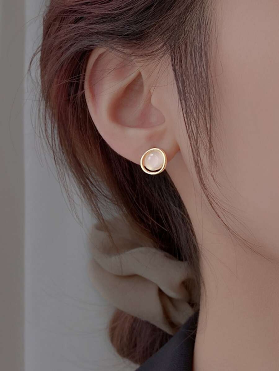 蛋白石裝飾耳釘 - 金黃色 - 查看 1