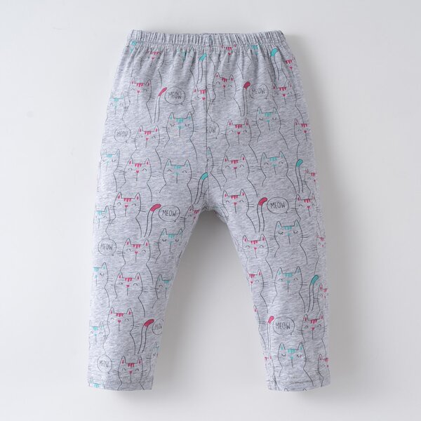 

Girls Cartoon Cat & Letter Graphic Leggings, Grey