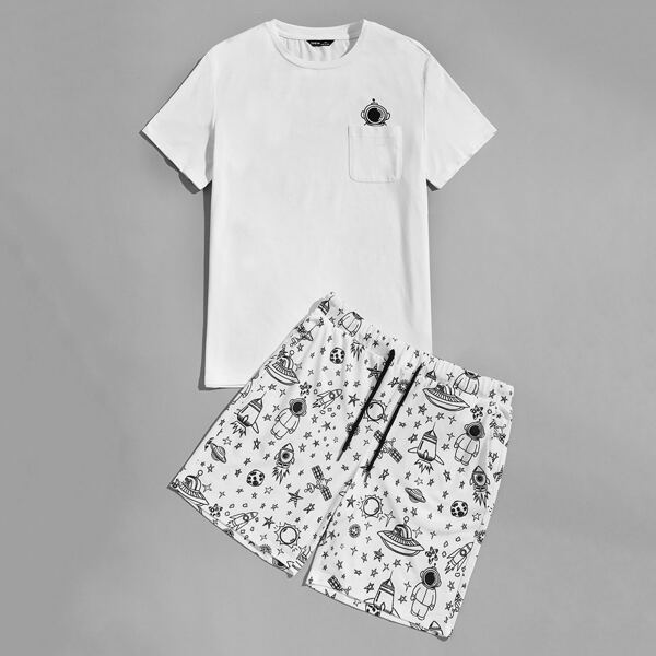 

Men Cartoon Graphic Patch Pocket Top & Shorts Set, Black and white