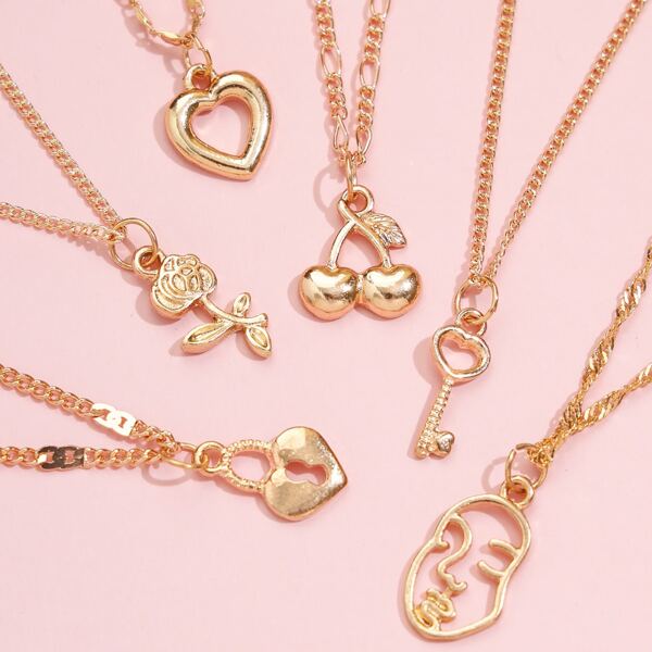 

6pcs Heart Key Charm Necklace, Gold