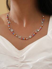 Bead Safety Pin Decor Necklace - Multicolor - View 1