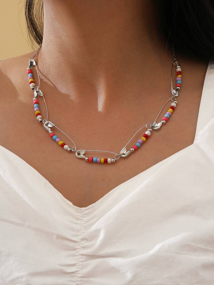 Bead Safety Pin Decor Necklace - Multicolor - View 1