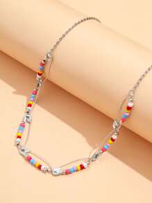 Bead Safety Pin Decor Necklace - Multicolor - View 2
