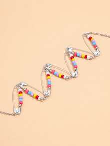 Bead Safety Pin Decor Necklace - Multicolor - View 3