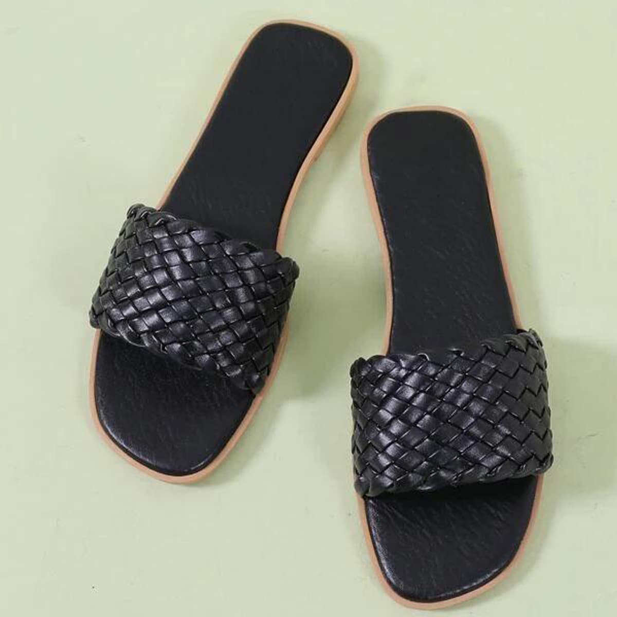 

Braided Wide Band Slide Sandals, Black