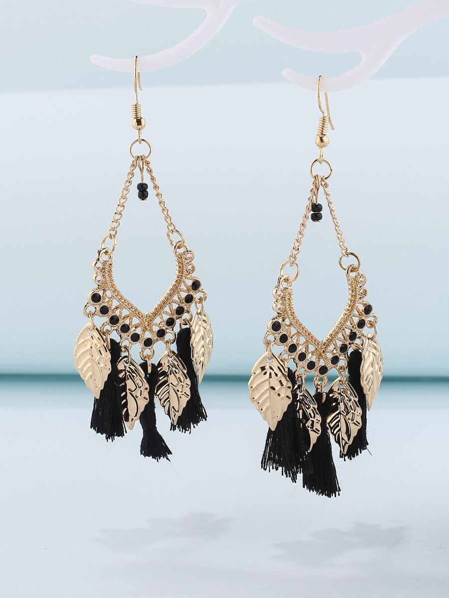 Bông tai thả hình lá & tua rua - Nhiều màu - Xem 1