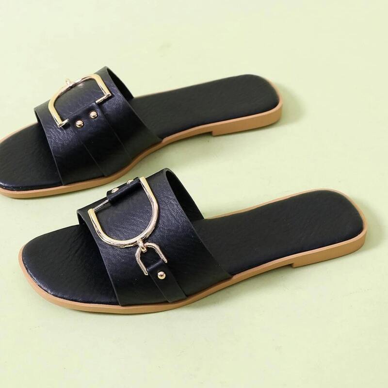 Buckle Wide Band Slide Sandals, Black