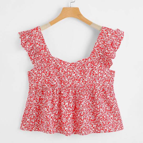 

Ruffle Armhole Ditsy Floral Babydoll Top, Red and white