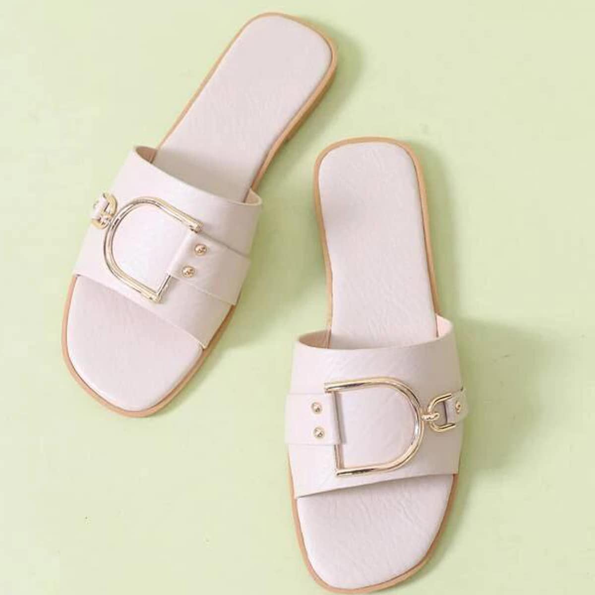 

Buckle Wide Band Slide Sandals, Beige