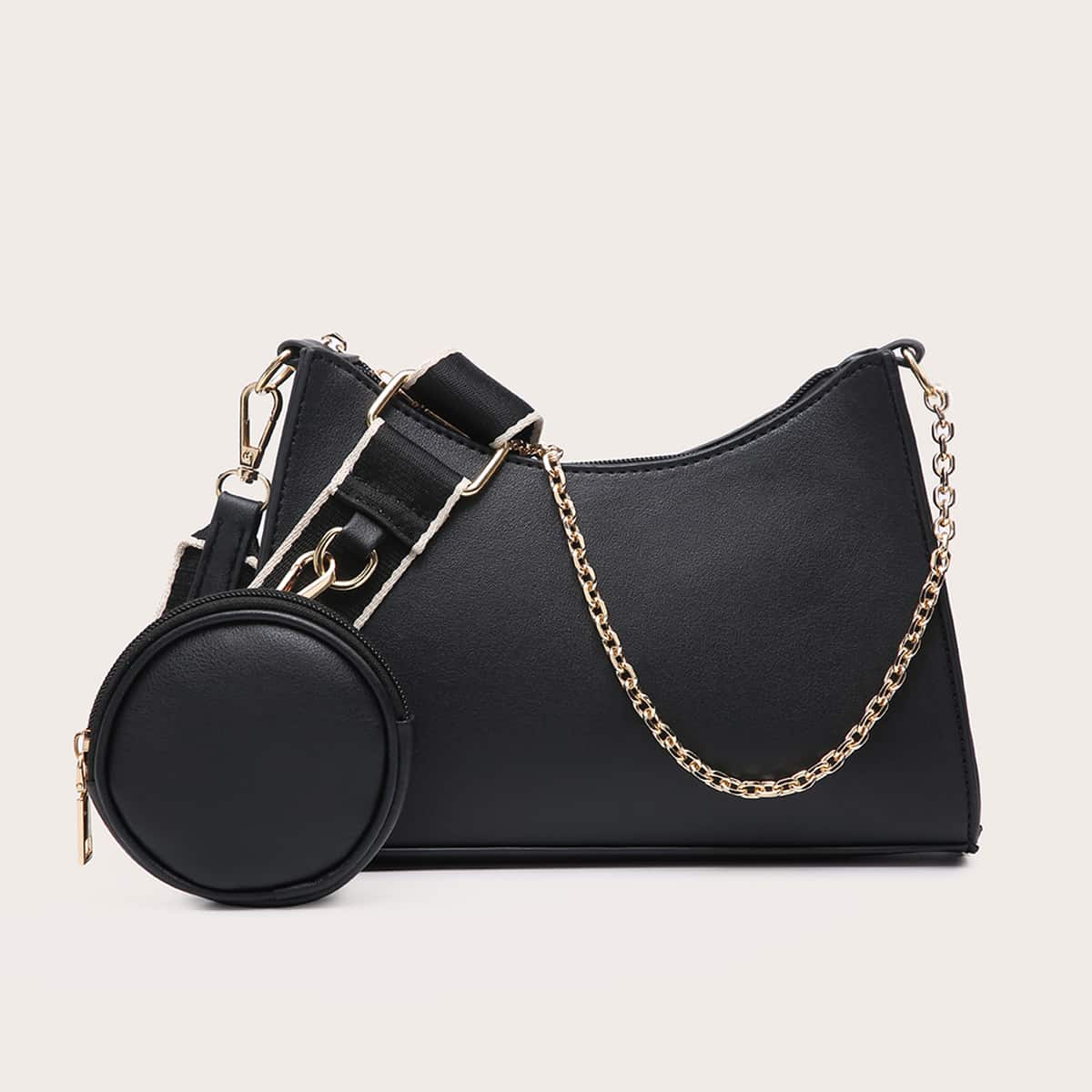 

Solid Baguette Bag & Coin Purse, Black