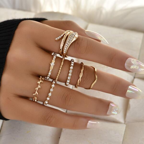 

8pcs Rhinestone Decor Ring, Gold