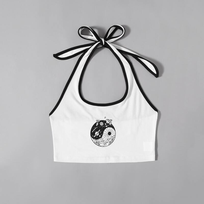 

Yin And Yang Ringer Halter Crop Top, Black and white