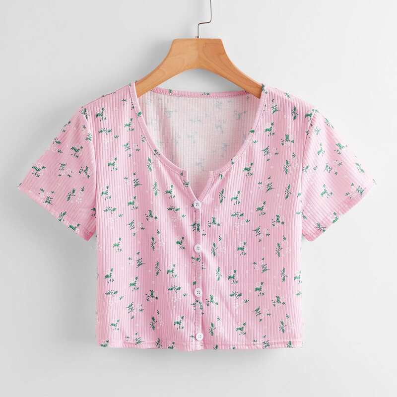 

Ditsy Floral Button Front Tee, Baby pink