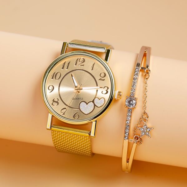 

1pc Heart Pattern Round Pointer Quartz Watch & 1pc Bracelet