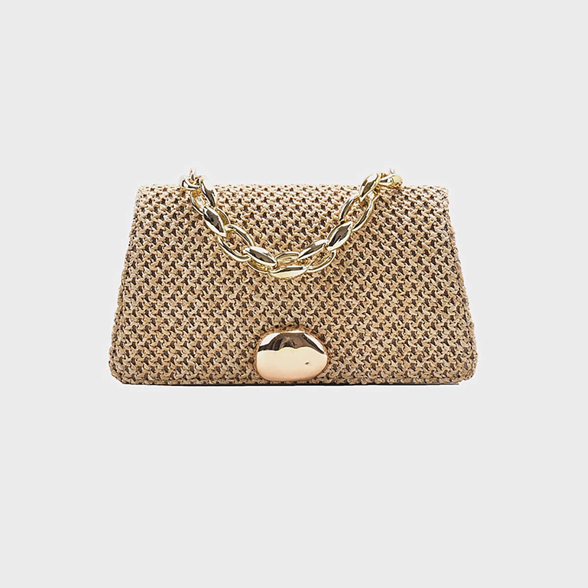 

Straw Chain Satchel Bag, Khaki