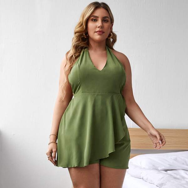 

Plus Wrap Front Backless Halter Romper, Green