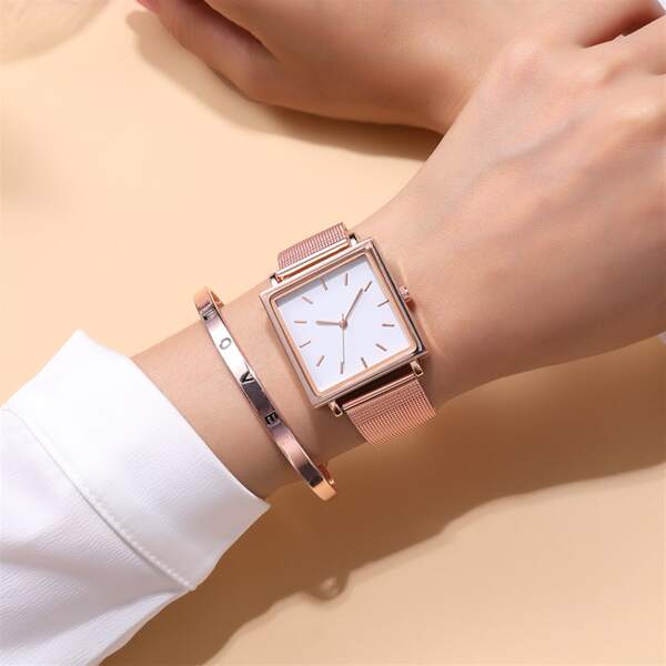 

1pc Square Dial Quartz Watch & 1pc Bracelet