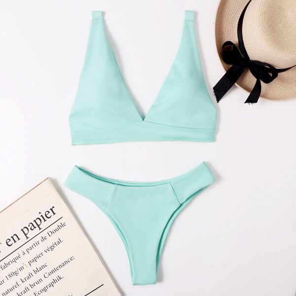 

V Neck Cheeky Bikini Swimsuit, Baby blue