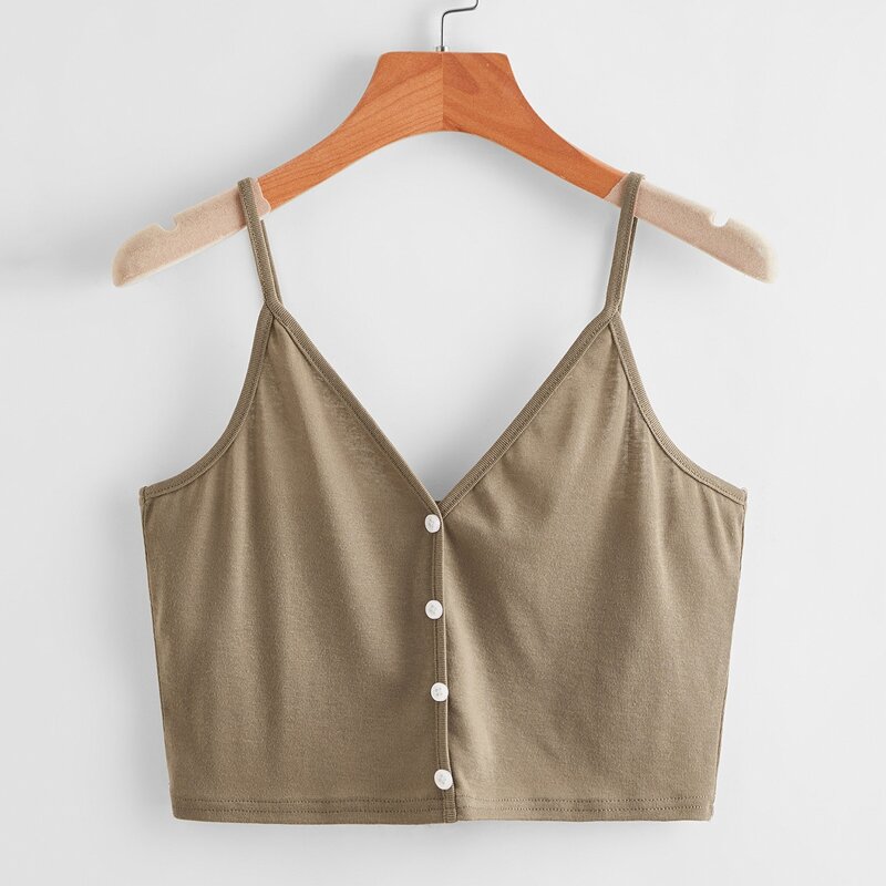 

Solid Button Front Crop Cami, Mocha brown