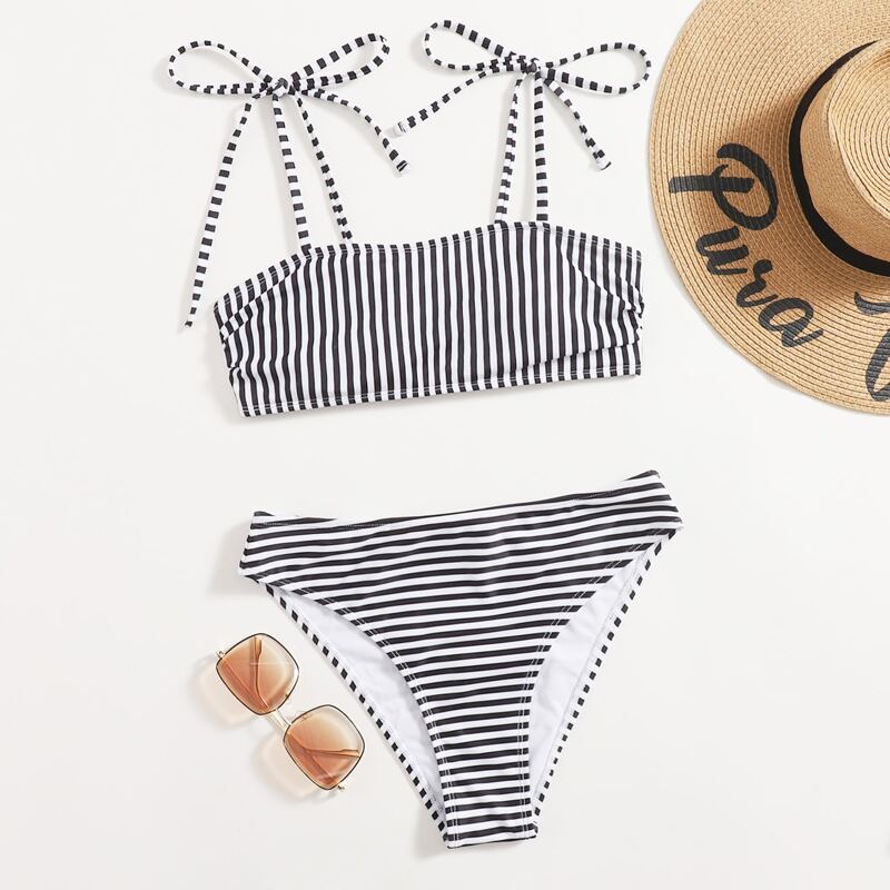 

Striped Tie Shoulder Bikini Swimsuit, Black