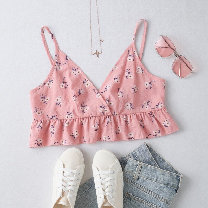 

Ditsy Floral Ruffle Hem Crop Cami, Pink