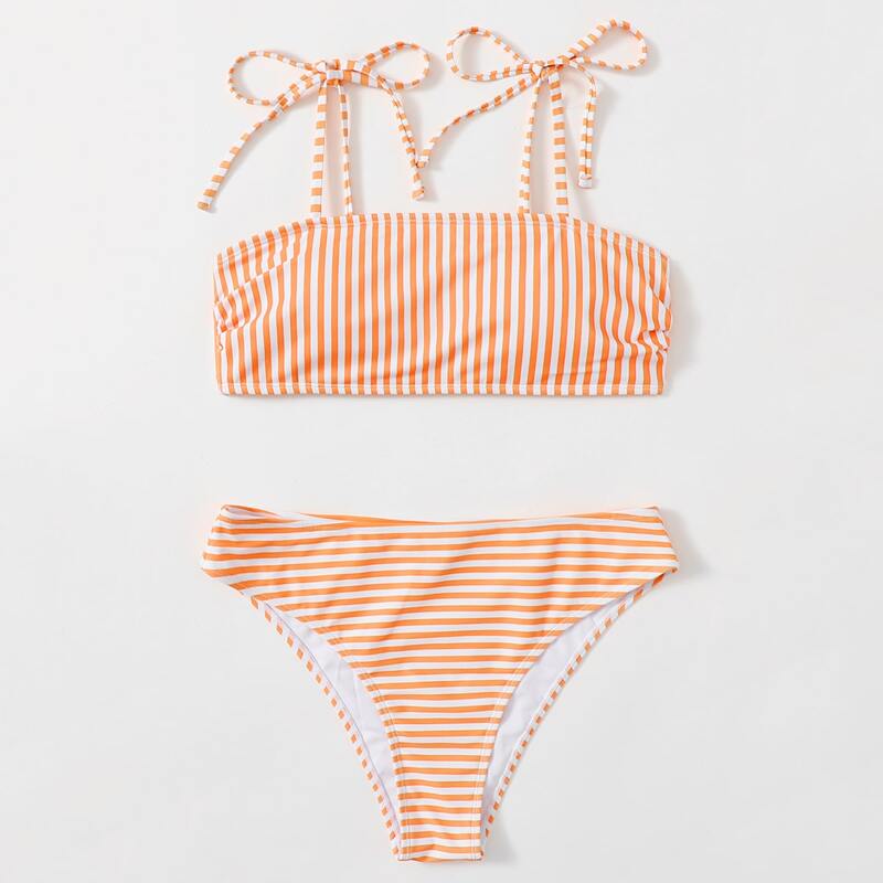 

Striped Tie Shoulder Bikini Swimsuit, Orange