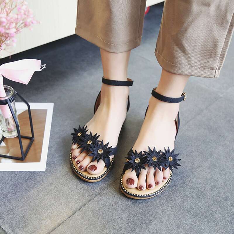 

Floral Applique Ankle Strap Sandals, Black