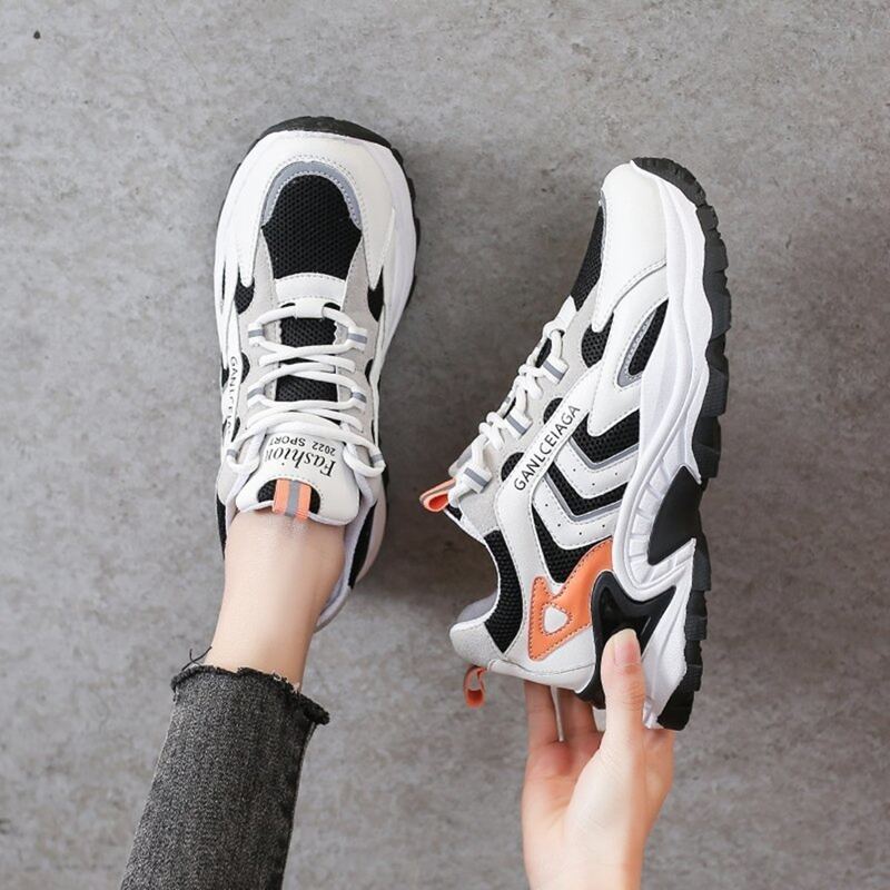 

Colorblock Lace-up Mesh Chunky Sneakers, Black and white