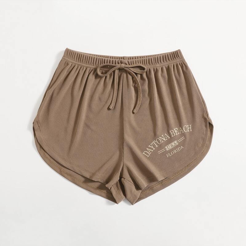 

Letter Tie Front Ribbed Track Shorts, Coffee brown