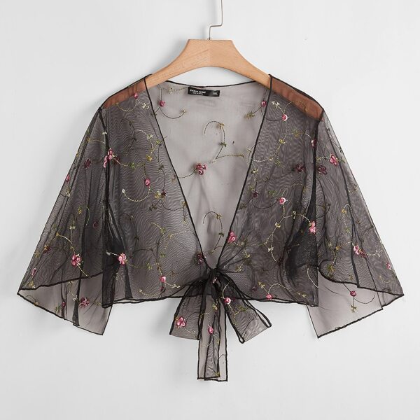 

Plus Floral Embroidery Sheer Mesh Top, Black