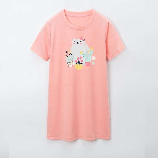 

Toddler Girls Cartoon And Floral Print Tee Dress, Coral pink