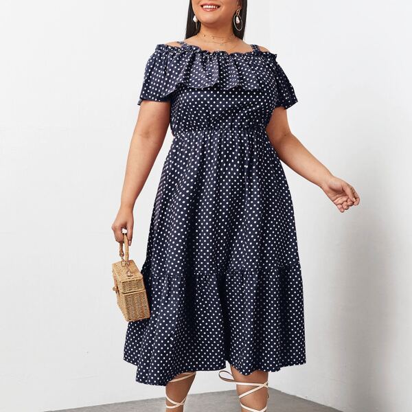

Plus Polka Dot Cold Shoulder Ruffle Hem A-line Dress, Navy blue