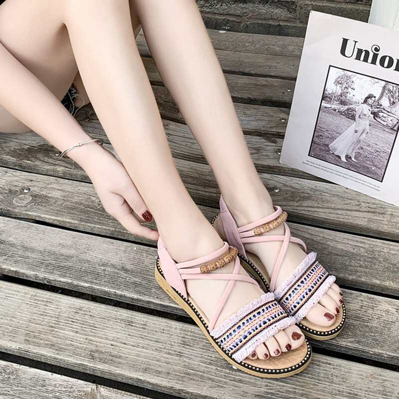 

Geo Graphic Tassel Trim Flat Sandals, Pink